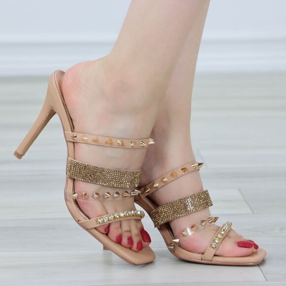 Nude Open Toe High Heel Sandals Slip On Mules Sparkly Rhinestone Straps - Picture 1 of 10